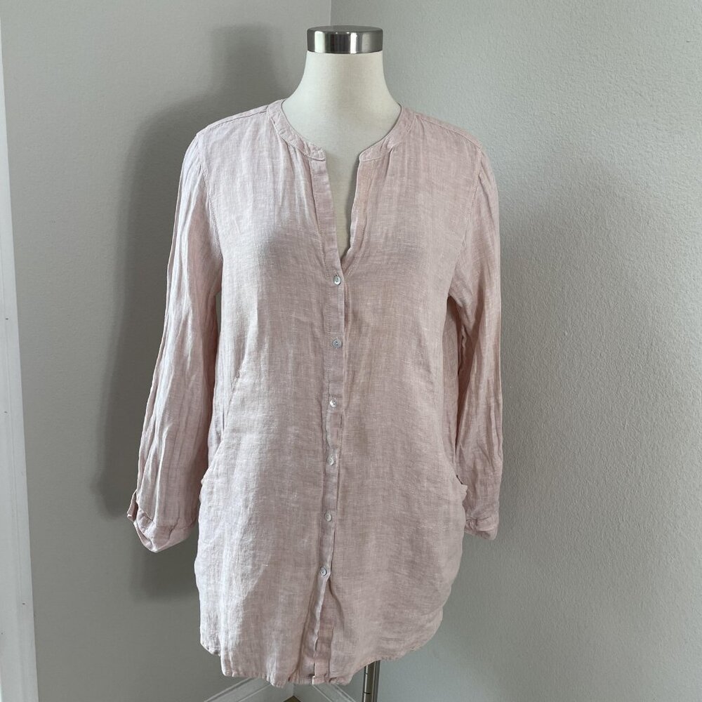Sigrid Olsen Shirt Womens Large Pink 100% Linen Tunic Button Front Pockets Top